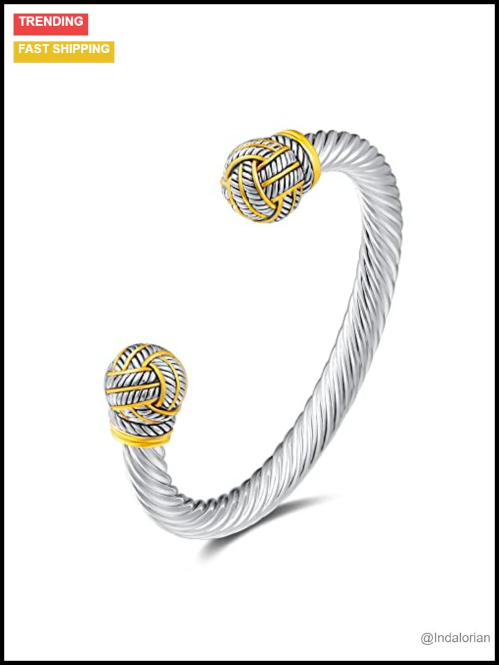 Two Tone Twisted Wire Rope Open Cuff Bracelet Imitation Pearl Ends